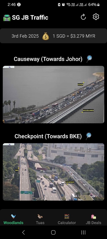 SG JB Traffic app showing live Causeway and checkpoint traffic cameras