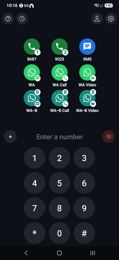 Tap Dialer app with SIM, SMS and WhatsApp icons above a keypad